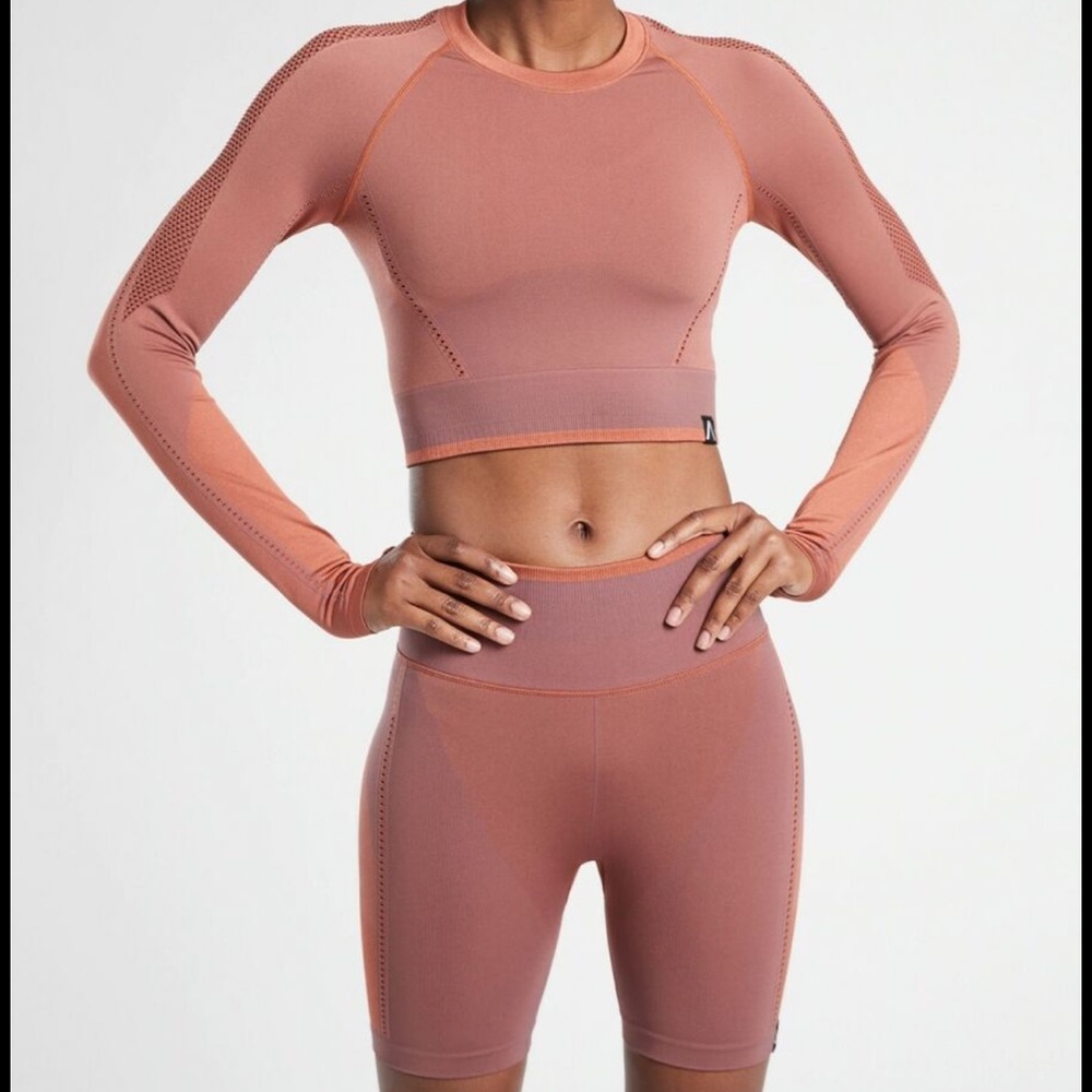 Athleta Allyson Felix Legend Shine Crop LS Etruscan Red/Flora Mauve Top